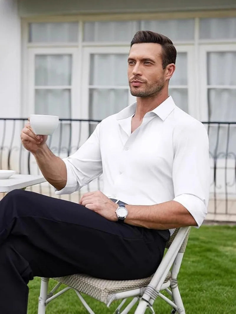 Premium Men's Ultra Stretch Dress Shirts Long Sleeve High Quality Business Formal Wrinkle-free Soft White Social Male Clothing Quick Pick Grocers