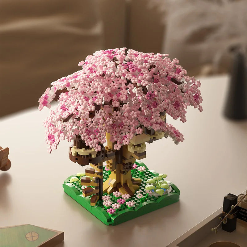 Pink cherry tree house building micro-particle building block classic model girl series difficult assembly toys Purest Peak Salt