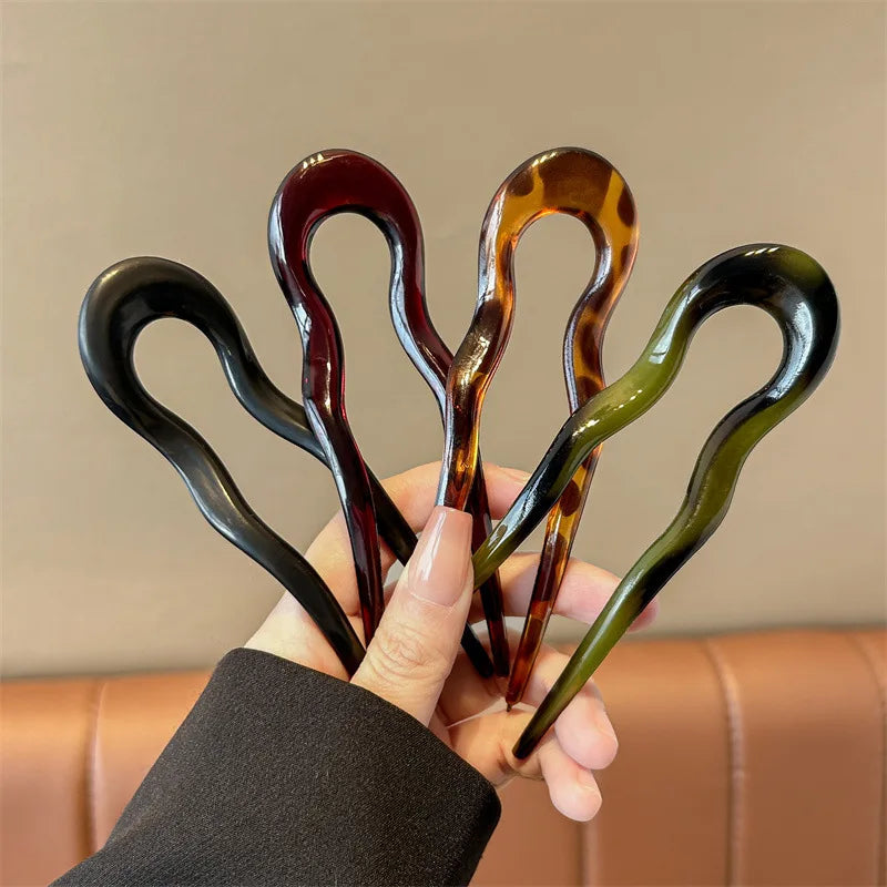 U-Shaped Hair Fork Fashion Tortoiseshell Acetate Acrylic Hairpin Geometric Headwear Hair Sticks Women Girls Hair Accessories Quick Pick Grocers