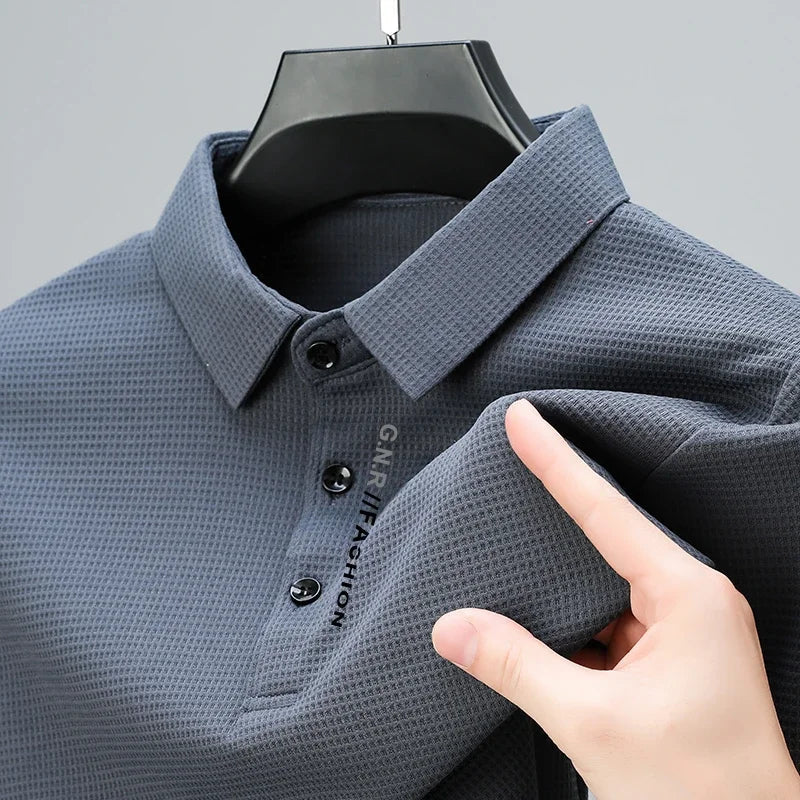 Men's Waffle Long Sleeved POLO Shirt with Letter Printed Lapel Casual Top Quick Pick Grocers