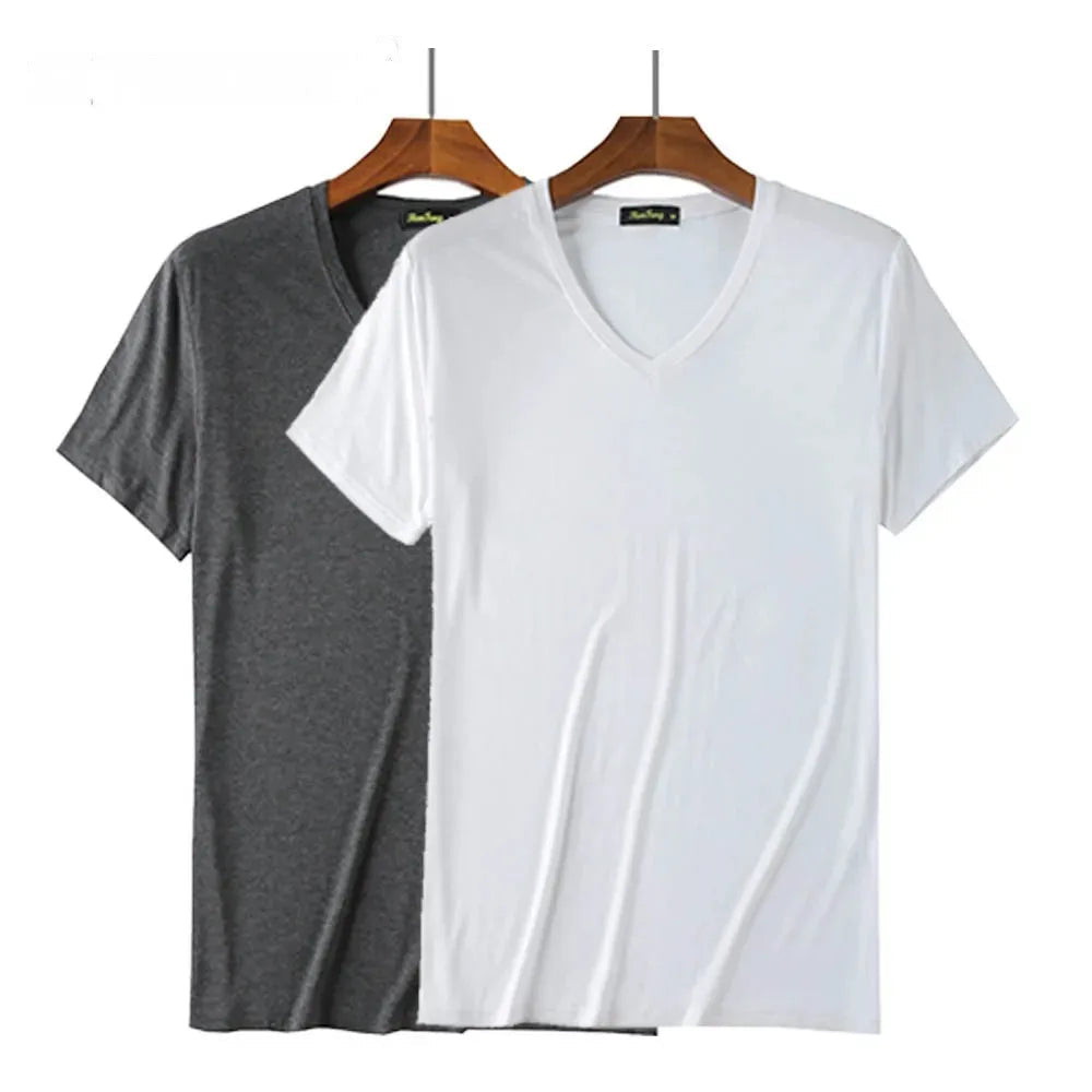 2 Packs Bamboo Fiber Round Neck T-shirts Short Sleeve Classic Tees Sweat-absorbent Gym Man Undershirt Solid Color Tee Black New Quick Pick Grocers