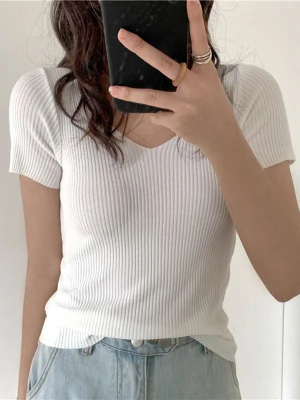 AOSSVIAO 2026 Basic V-neck Solid Thin Summer Pullover Women Female Knitted Ribbed Sweater Slim Short Sleeve Bodycon Sweater Quick Pick Grocers