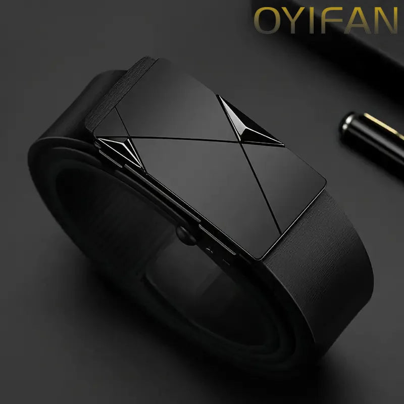 OYIFAN Fashion Men's Belt Men's Genuine Leather Belt Automatic Buckle Ratchet Belt Random Adjustment Quick Pick Grocers