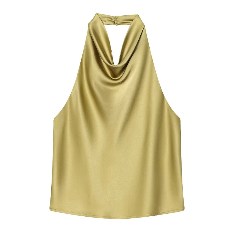 MUJER 2026 Halter Tops for Women Black Satin Backless Top Female Pink Summer Beach Top Woman off Shoulder Camisole Top Women Quick Pick Grocers