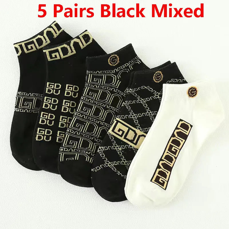 5/10/20 Pairs Winter Socks Men Short Breathable Luxury Socks Designer Brand Low-Cut Fashion Trendy Ankle Socks Geometric Pattern Quick Pick Grocers