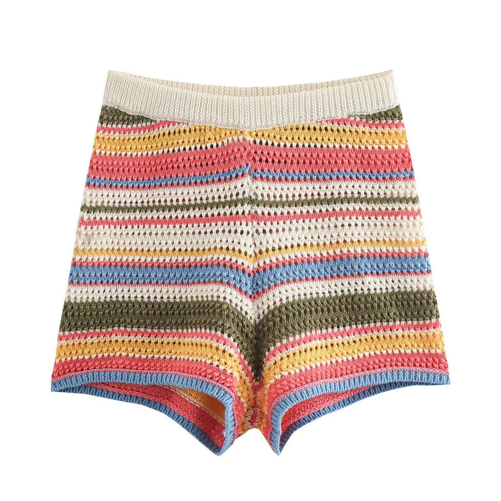 Women Patchwork Striped Hollow Out Crochet Knitted Crop Sweater Shorts Set Short Sleeve Polo Collar Sweater Knit Shorts Suit Y2K Quick Pick Grocers