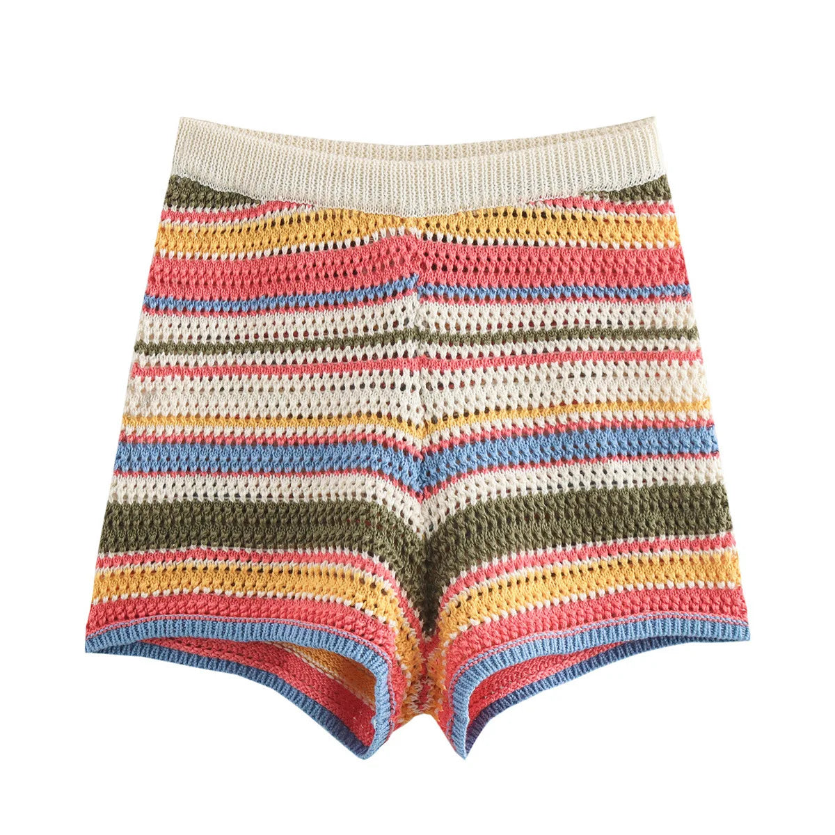 Women Patchwork Striped Hollow Out Crochet Knitted Crop Sweater Shorts Set Short Sleeve Polo Collar Sweater Knit Shorts Suit Y2K Quick Pick Grocers