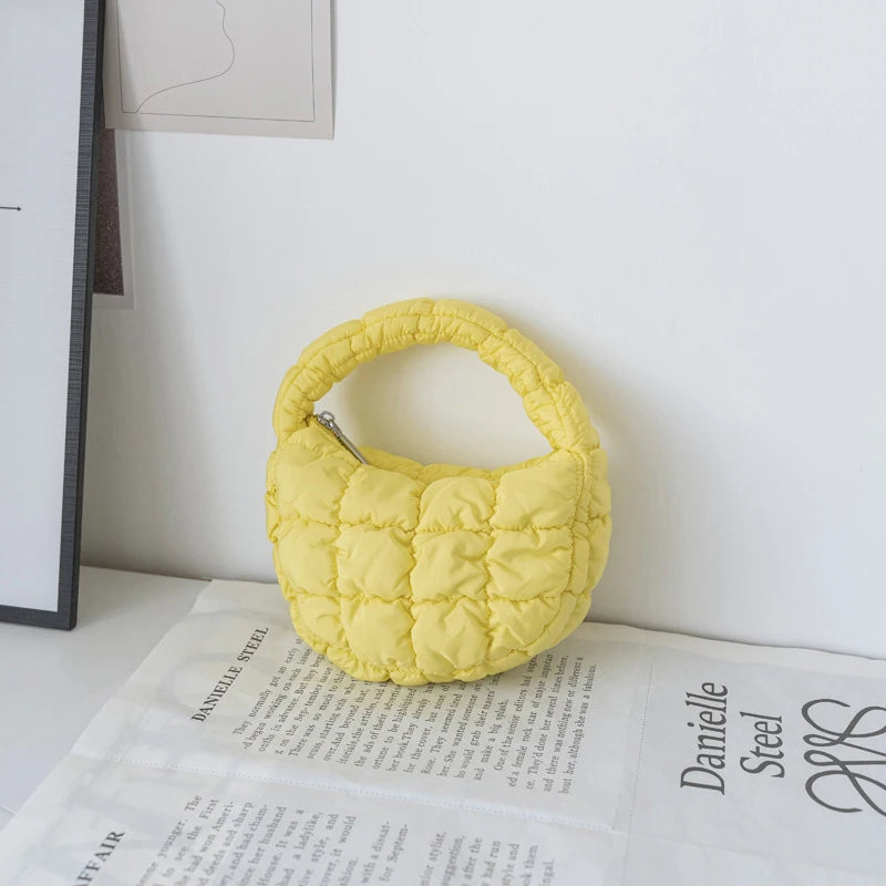 Fashion Mini Puffer Tote Bag Quilted Circle Phone Purse Elegant Purple Soft Nylon Padded Key Pouch Simple Trend Handbag Econic Blanks