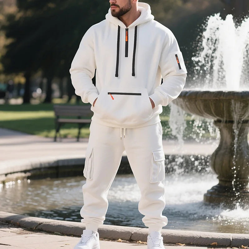 Men's sports suit style autumn and winter fleece men's casual sportswear zipper sweater multi-pocket work pants suit Quick Pick Grocers