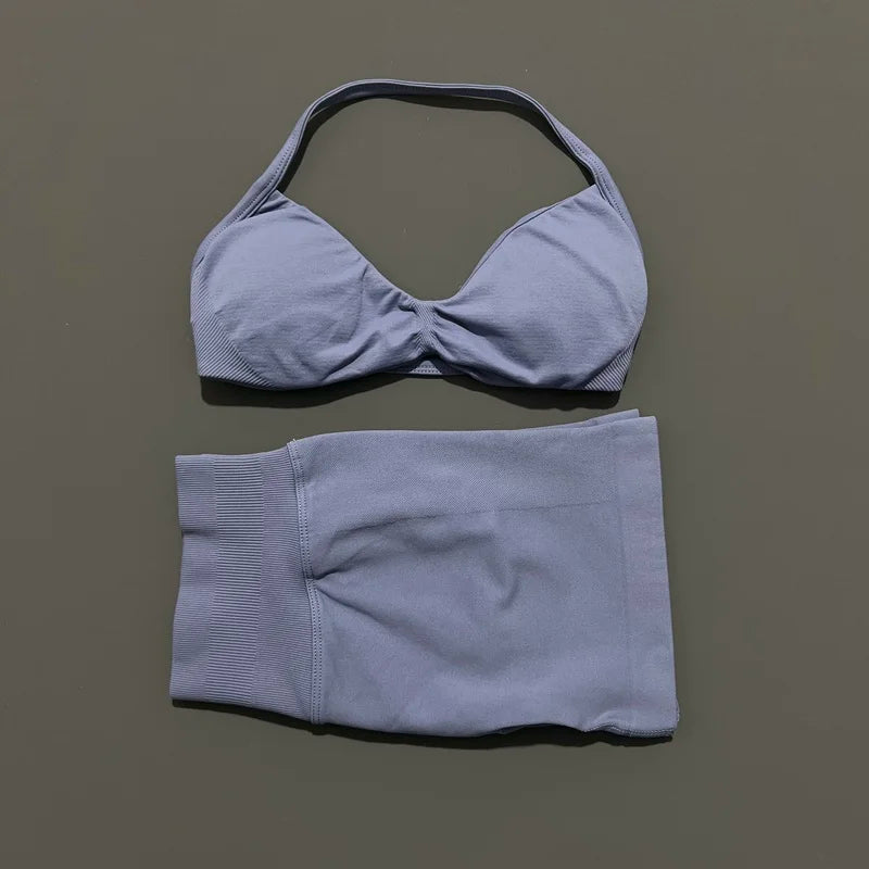 HISTELLO Gym Set 2 Piece Women Strappy Yoga Bra Top Workout Scrunch Shorts Sports Suit Fitness Clothes Seamless Yoga Set Quick Pick Grocers