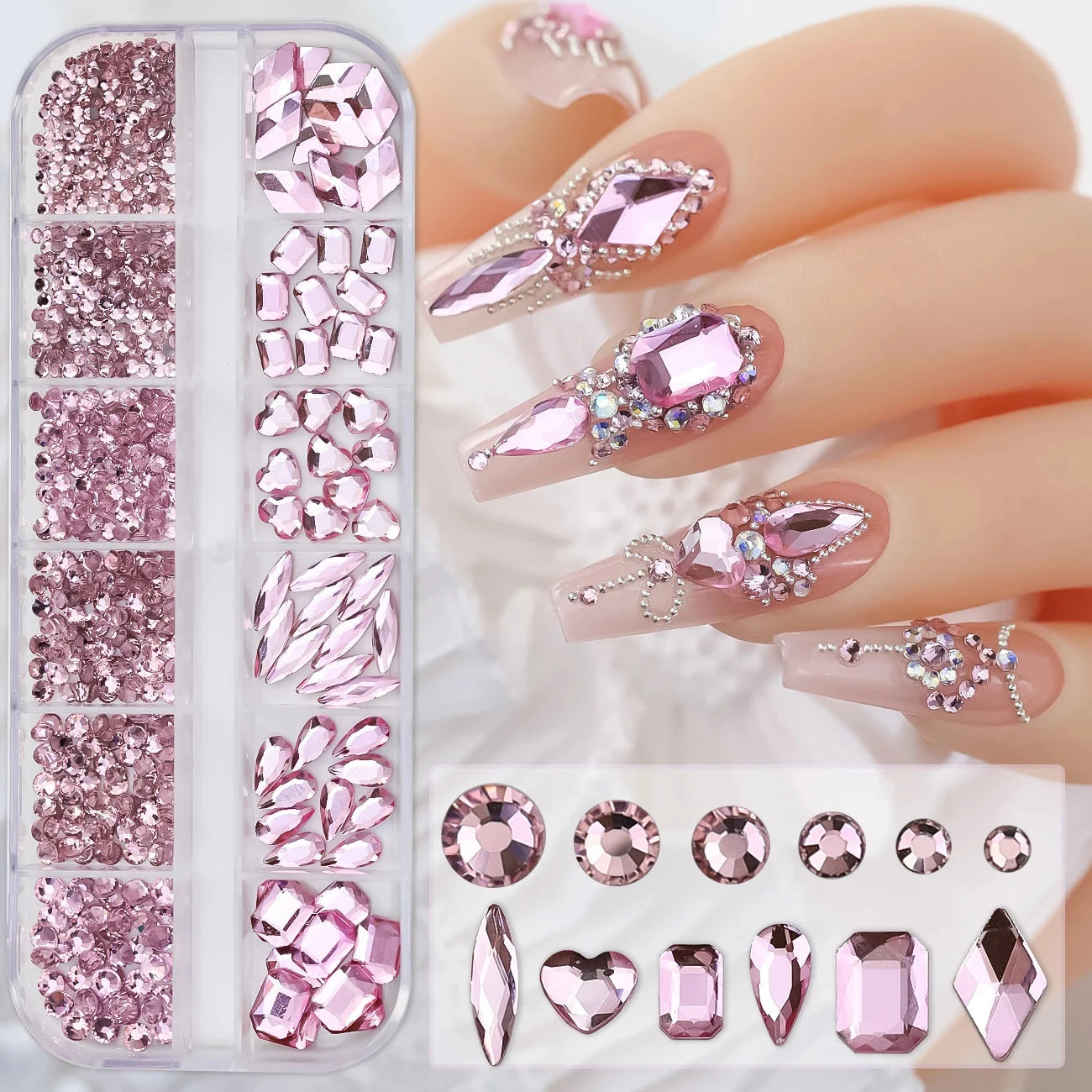 12Grids SS6-SS30 Mixed Nail Rhinestones Shiny Clear/Gold/Pink/Blue Diamond Flat-back Nail Gems Glass Stones Nails Decoration Econic Blanks