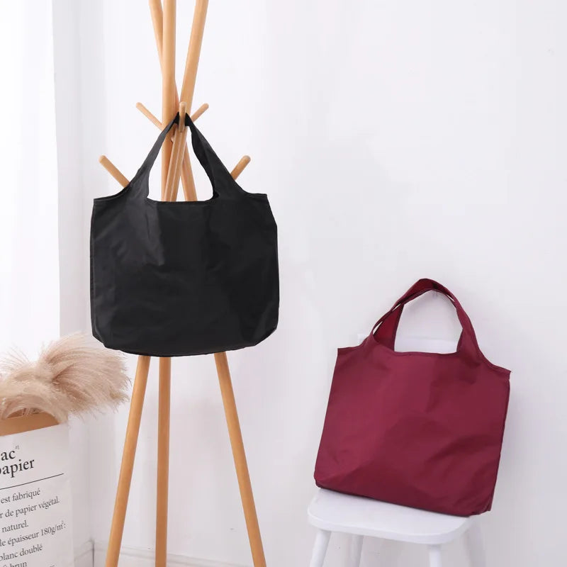 BIG Eco-Friendly Folding Shopping Bag Reusable Portable Shoulder Handbag for Travel Grocery simple solid color grocery bag Quick Pick Grocers