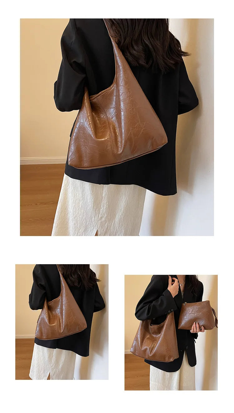 Autumn and Winter Vintage Women's Bag Large Capacity Suede Shoulder Bag Solid Color Simple Casual Commuter Bag Retro Handbags Quick Pick Grocers