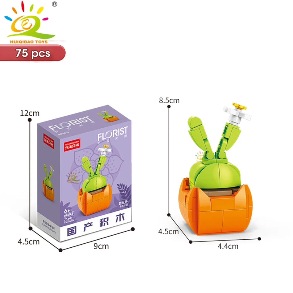HUIQIBAO MOC Flower Succulent Potted Model Building Block DIY Eternal Bouquet Home Desk Plant Decor Brick Girl Gift Children Toy Quick Pick Grocers