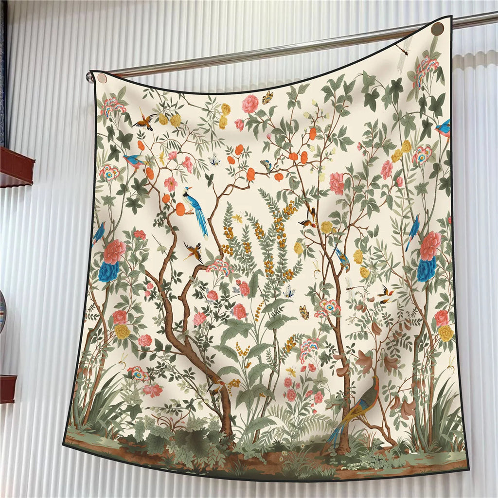 90Cm French Jungle Large Square Scarf Decorative Fashion Trend Flowers High Quality Twill Silk Travel Shawl Sunscreen Quick Pick Grocers
