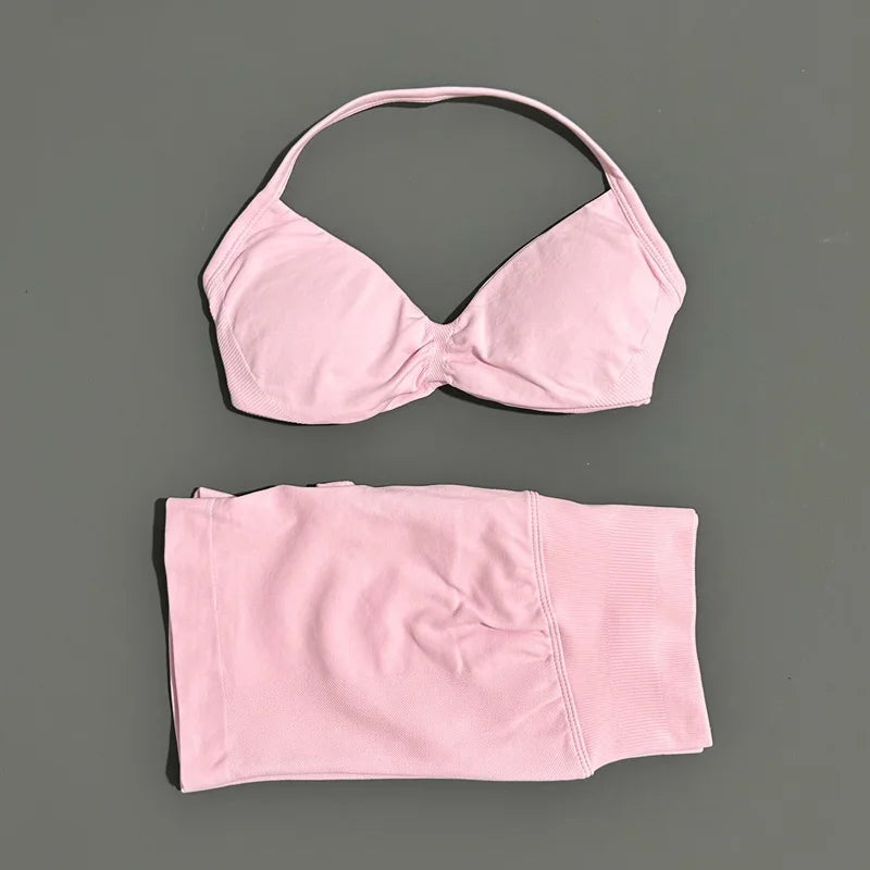 HISTELLO Gym Set 2 Piece Women Strappy Yoga Bra Top Workout Scrunch Shorts Sports Suit Fitness Clothes Seamless Yoga Set Quick Pick Grocers