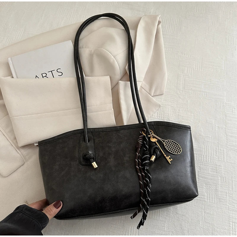 European American Retro Tote Bag, Korean Fashion Shoulder Bags Advanced Simple Handbag New Large Capacity Pendant Versatile Bags Quick Pick Grocers