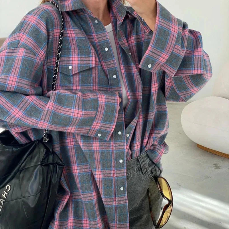 New Vintage Women Oversized Long Sleeve Plaid Shirt Blouse Tops Autumn Winter Button Down Loose Lapel Pocket Shirt Korean Style Quick Pick Grocers
