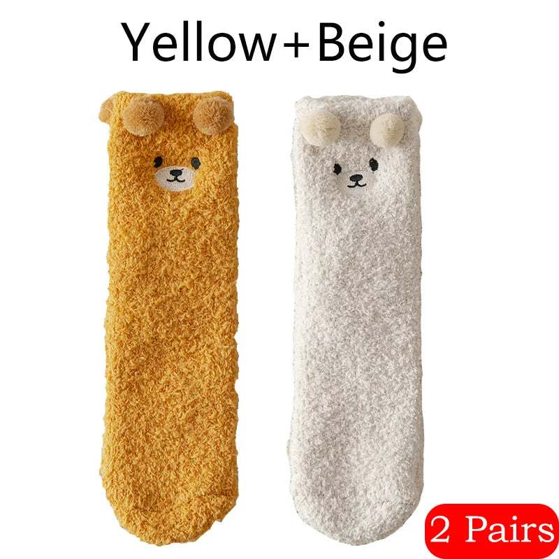 2 Pairs Cute Socks Bear Women Coral Velvet Thick Plush Warm Socks Sleep Fluffy Socks Cute Cartoon Lovely Floor Fuzzy Sock Winter Purest Peak