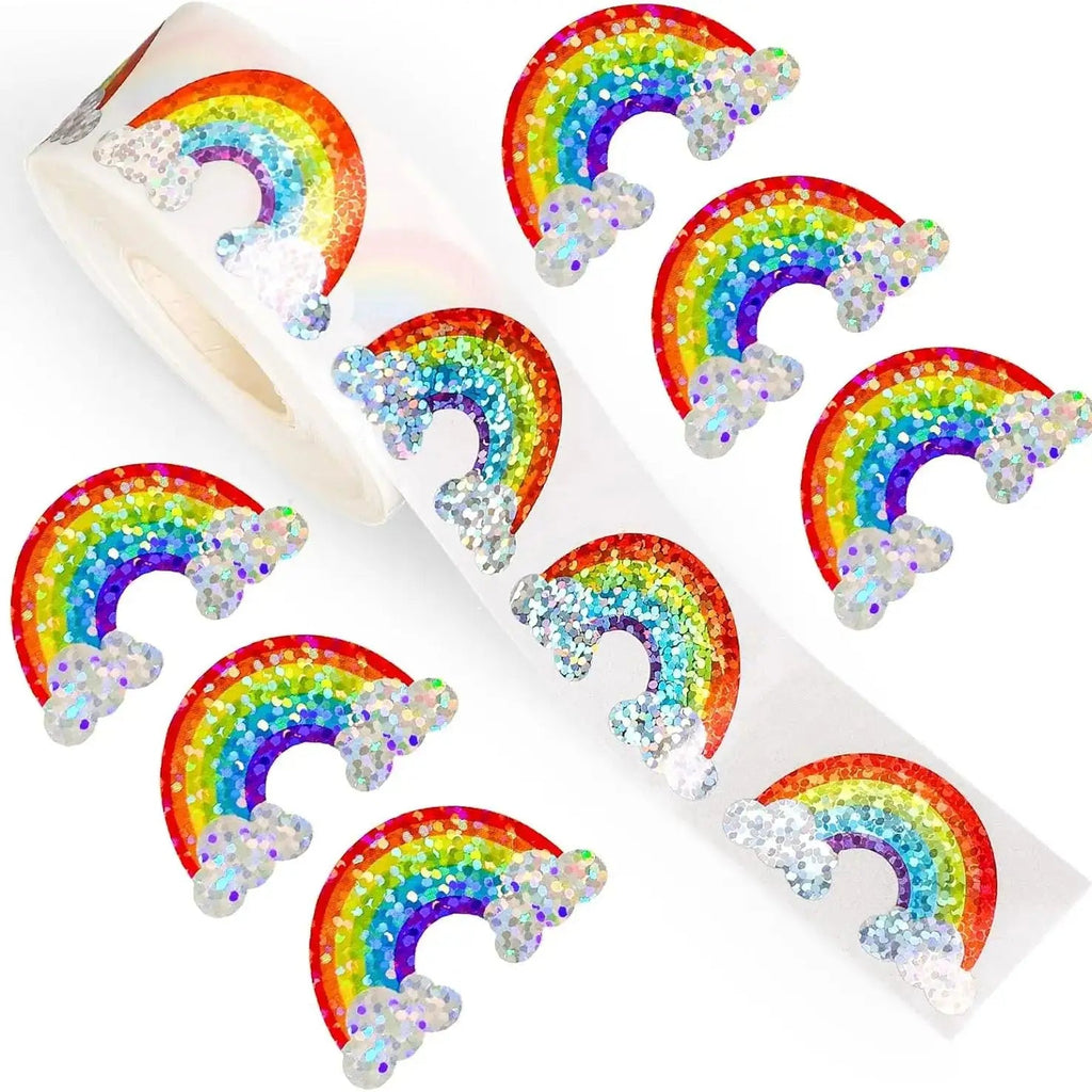 500 Pcs Rainbow Stickers Roll Laser Colored Rainbow Shape Seal Stickers Waterproof Self-Adhesive Decals for Envelope Quick Pick Grocers