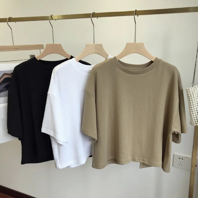 Summer New Ladies Casual Backless T-Shirt 2023 Korean Women Round Neck Loose Sweet Spicy Wind Short-Sleeved Crop Tops Quick Pick Grocers