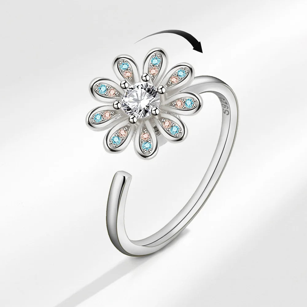 VENTFILLE 925 Sterling Silver Sunflower Diamond Zircon Rotatable Ring For Women Gift Relieve Stress Ring Jewelry Wholesale Quick Pick Grocers