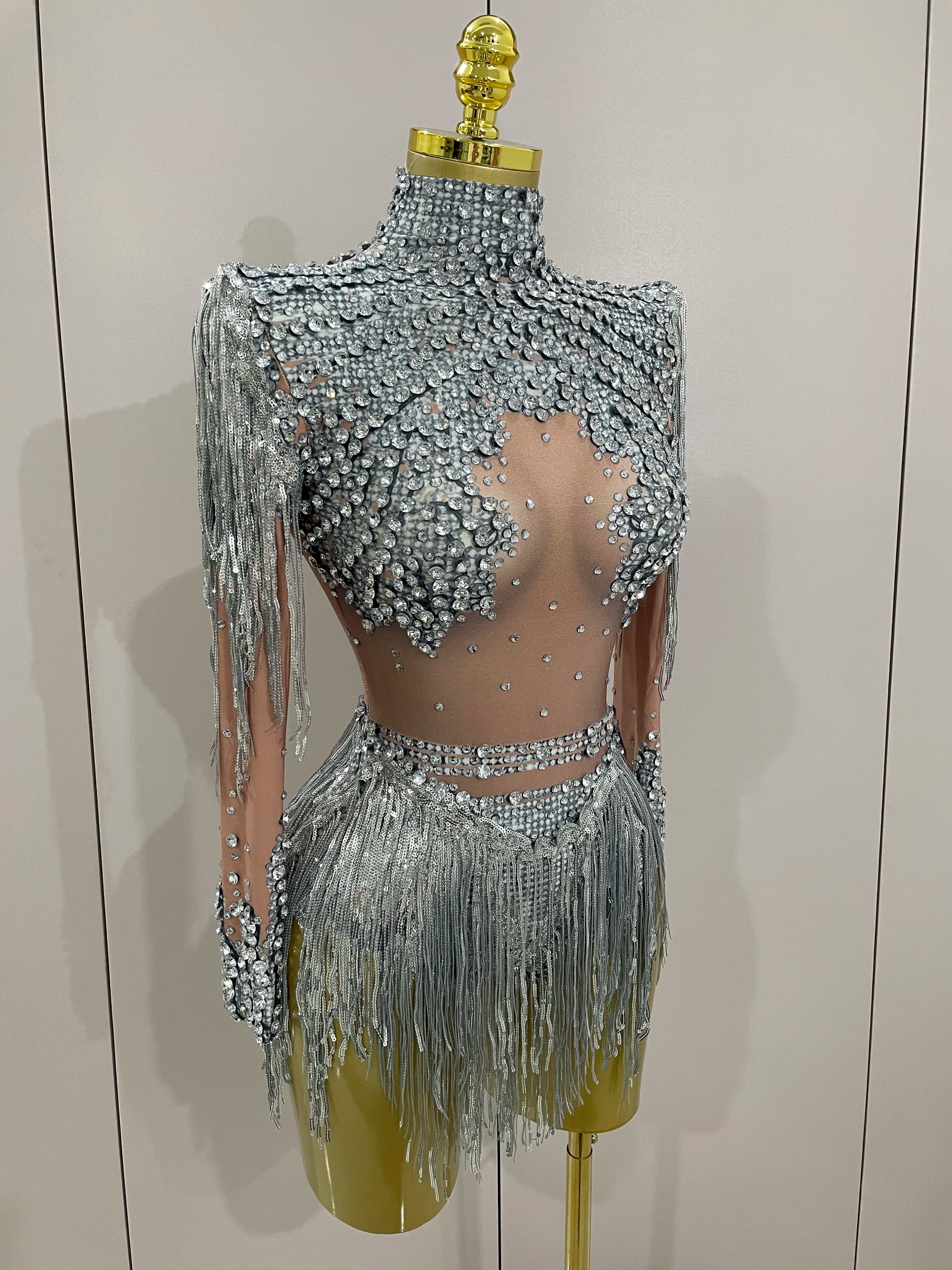 Women Sparkly Rhinestone Sequin Tassel Stretch Bodysuits 2025 New Arrival Birthday Party Nightclub Dj Stage Performance Costume Quick Pick Grocers