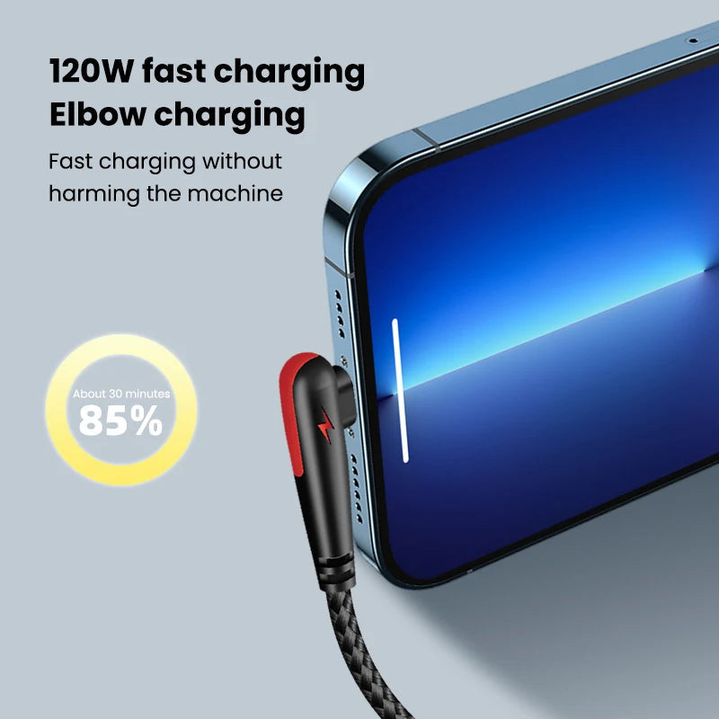 120W USB To Type-C Cable 90 Degree Elbow Mobile Phone Fast Charging For Huawei Mate 40 30 Xiaomi Samsung Phone Charging Cord Quick Pick Grocers