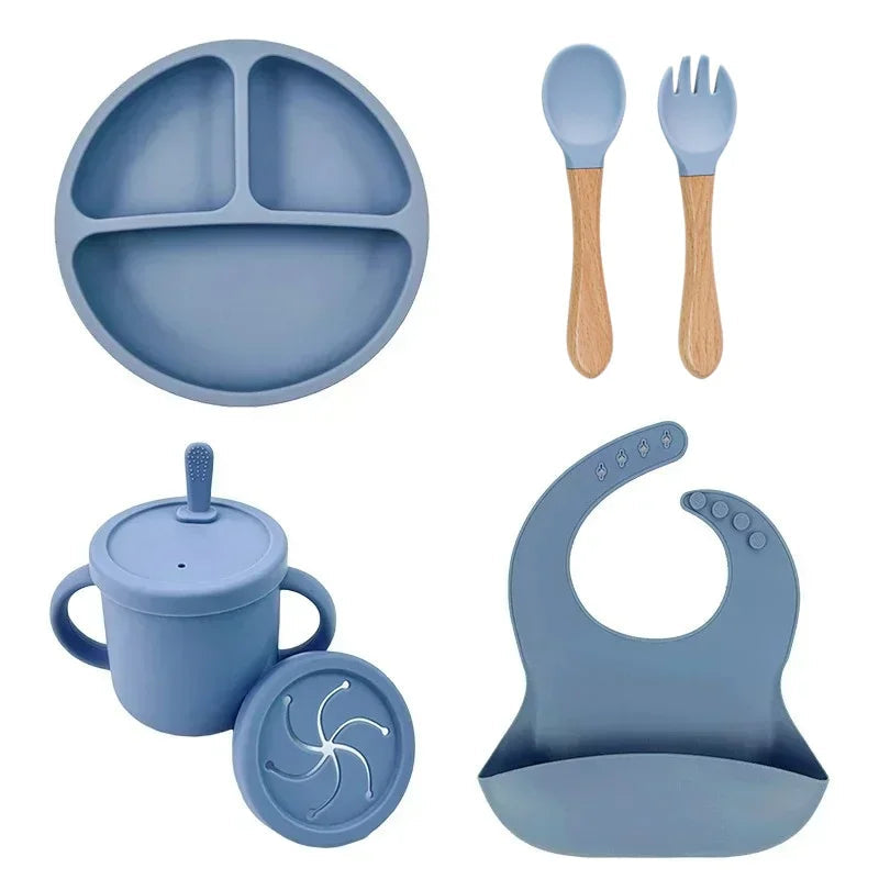 Food Grade Silicone Child Dish Set Baby Feeding Bowl Suction Plate Straw Cup Wooden Spoon Fork for Kids Tableware Toddler Dishes Purest Peak
