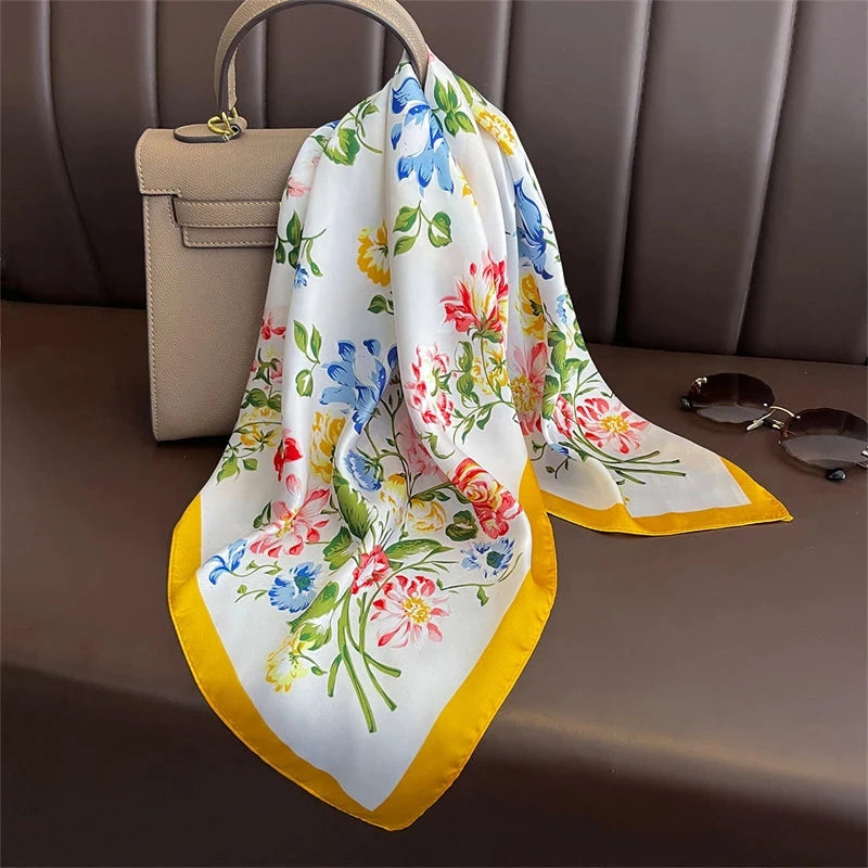 Luxury Print Satin Silk Square Scarf for Women Shawl Hijab Neckerchief Female Hair Ribbon Headband Fashion Wrap Bandana 2023 New Econic Blanks