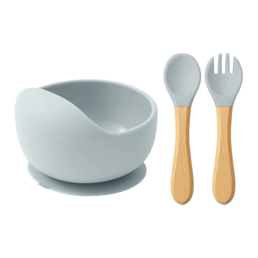 Mamaplan 3PCS Baby Silicone Feeding Set Toddler Suction Bowl Feeding Training Spoon Fork Baby Dishes Plate Baby Accessories Purest Peak