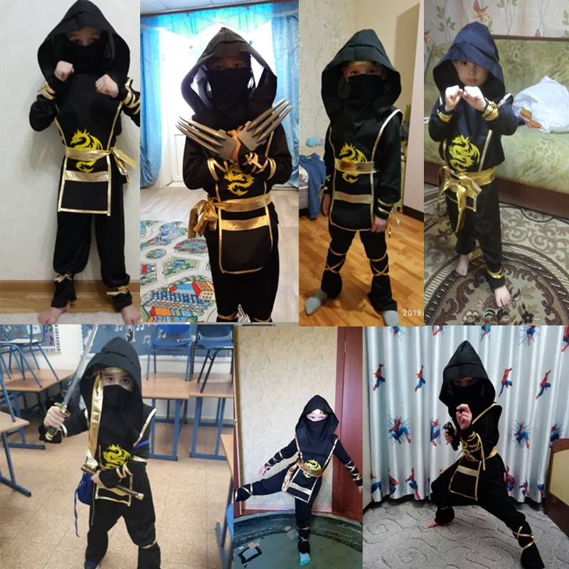Black Ninja Costume Boy Halloween Japanese Samurai Costume Kid Anime Muscle Costume with Foam Accessories Best Children Gift Quick Pick Grocers