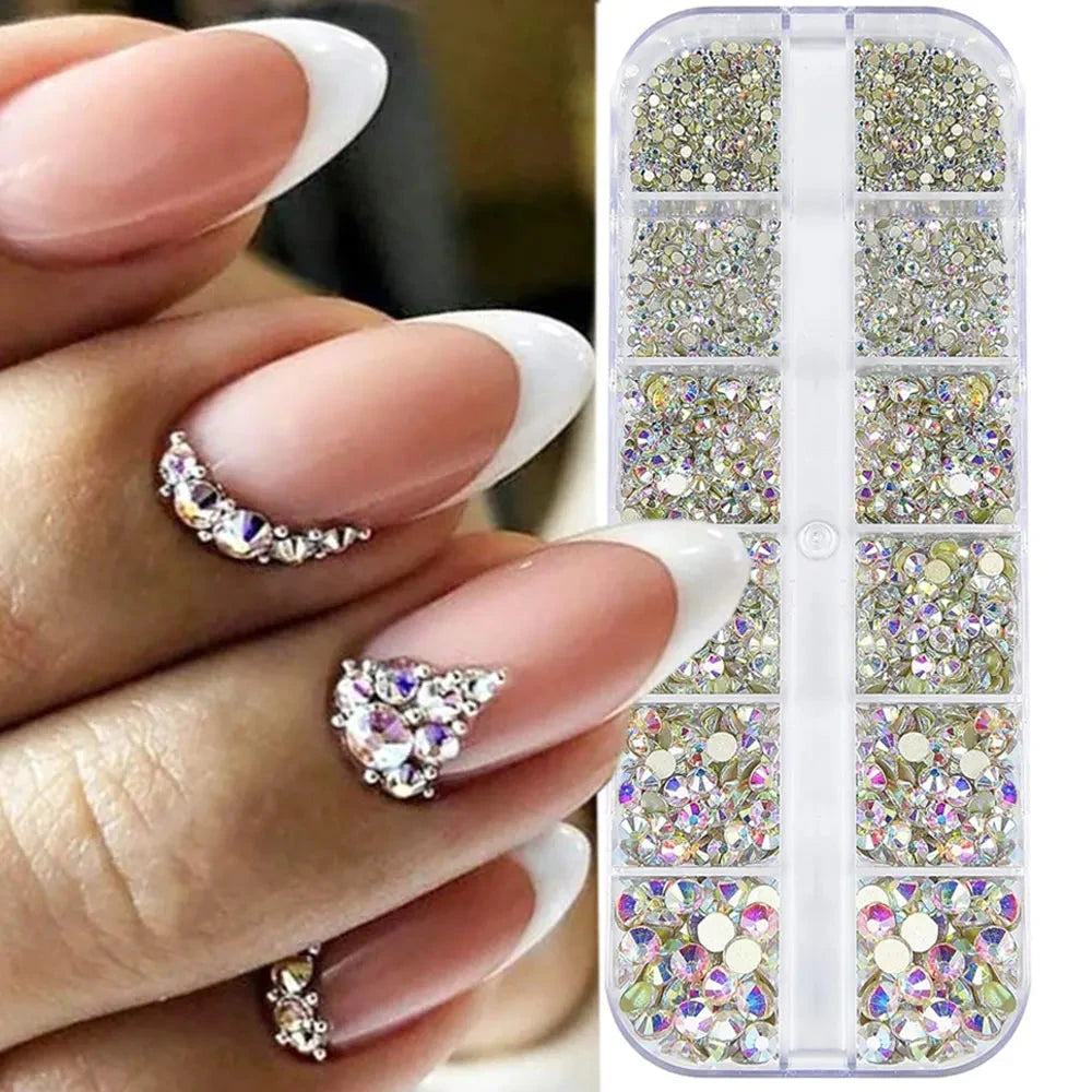2400pcs+ Shiny Clear Crystal Gems Nail Rhinestones 1.5-4mm Mixed Round Glass Stone Flatback Nail Charms 12grids Nail Diamond DIY Econic Blanks