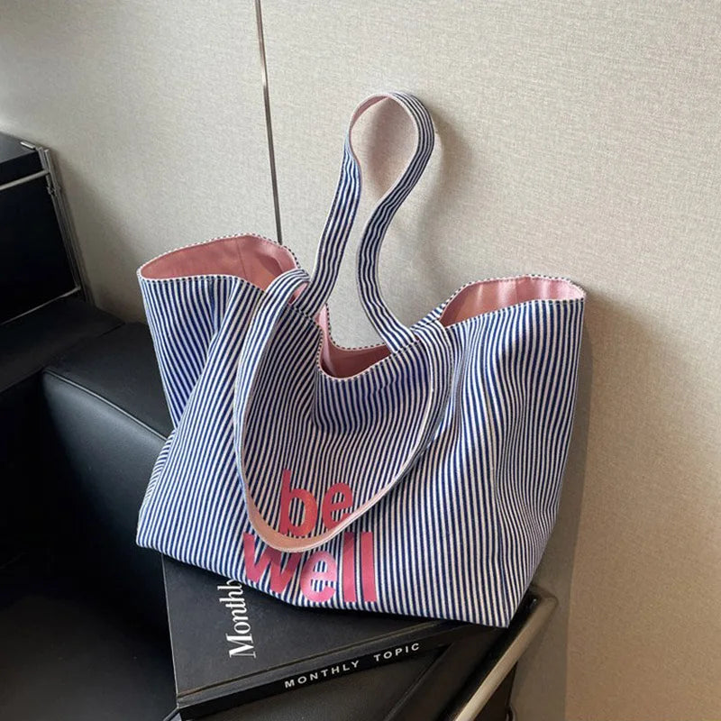 Casual Large Stripe Women's Shoulder Bag 2025 New Fashion Commuter Tote Bag High Capaci Canvas Handbag for Youth bolso mujer Quick Pick Grocers