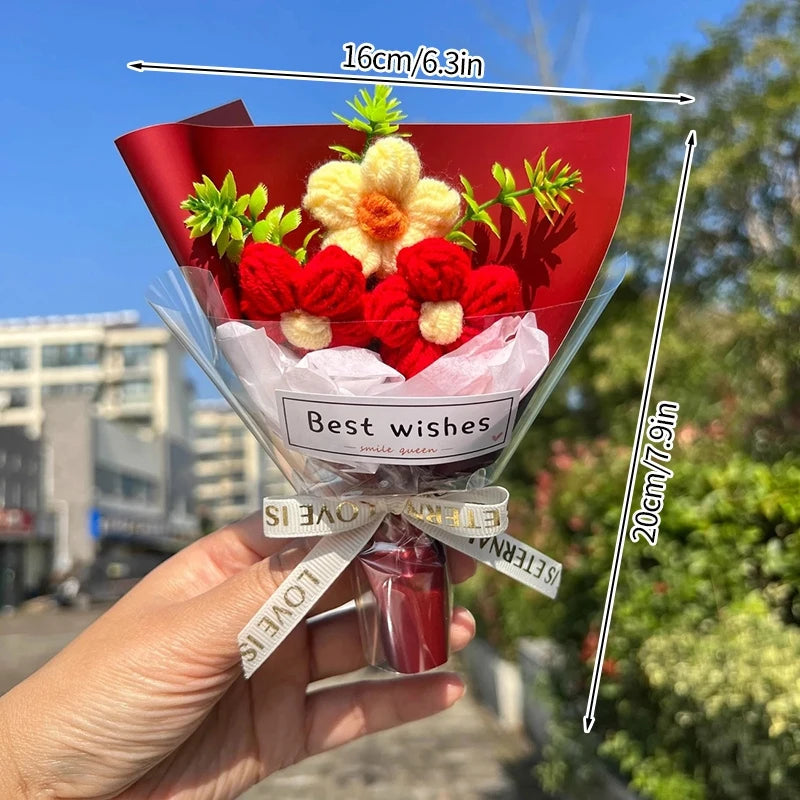 Knitted Flower Bouquet Crochet Rose Flowers Hugging Bucket New Year Gifts Living Room Desk Decoration Mother's Day Gift Quick Pick Grocers