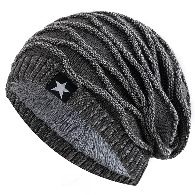 New Unisex Slouchy Winter Hats Add Fur Lined Men And Women Warm Beanie Cap Casual Five-pointed Star Decor Winter Knitted Hats Purest Peak
