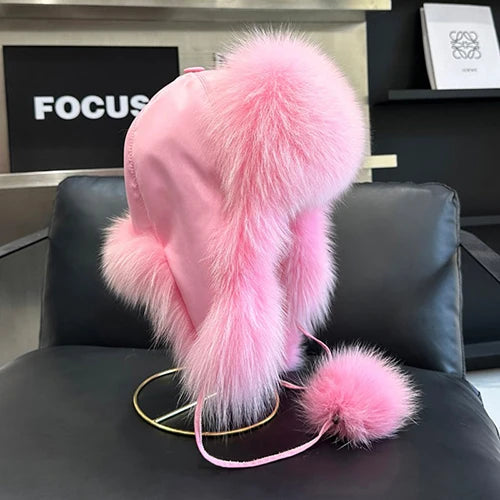 2025 100% Real Fox Fur Hats Women's Russian Ushanka Aviator Trapper Snow Skiing Hat Caps Earflap Winter Raccoon Fur Bomber Hat Purest Peak