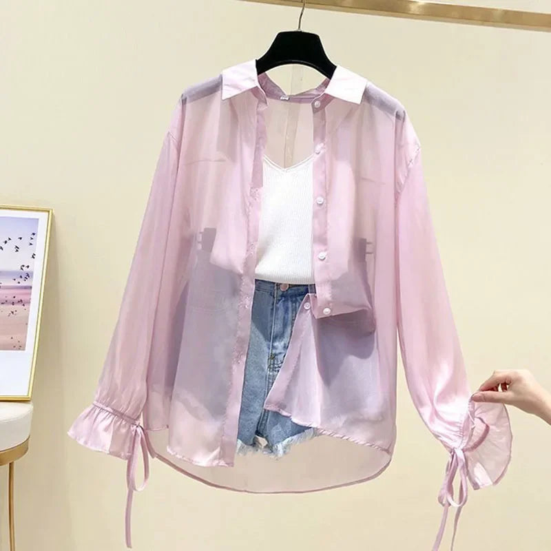Smvp Chiffon Blouses for Women Summer Thin Loose Button-Up Sunscreen Shirt Woman Korean Fashion Bow Lace-up Long Sleeve Shirts Quick Pick Grocers