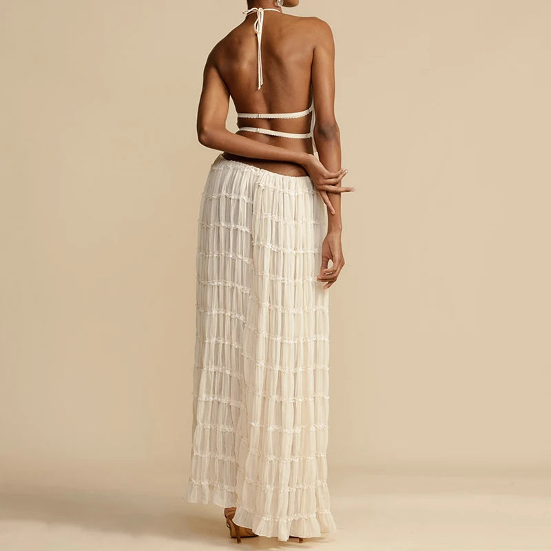 Women Boho Sexy Backless Matching Suit 2 Piece Beach Holiday Outfits Vintage Ruched Halter Cami Tops + Maxi Long Skirt Party Quick Pick Grocers