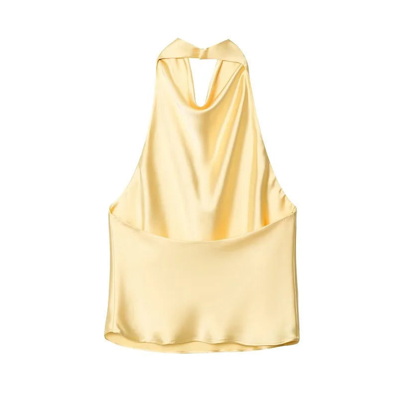 MUJER 2026 Halter Tops for Women Black Satin Backless Top Female Pink Summer Beach Top Woman off Shoulder Camisole Top Women Quick Pick Grocers