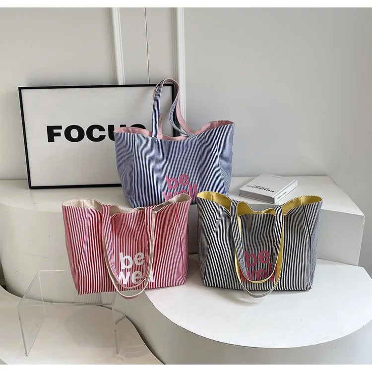 Casual Large Stripe Women's Shoulder Bag 2025 New Fashion Commuter Tote Bag High Capaci Canvas Handbag for Youth bolso mujer Quick Pick Grocers