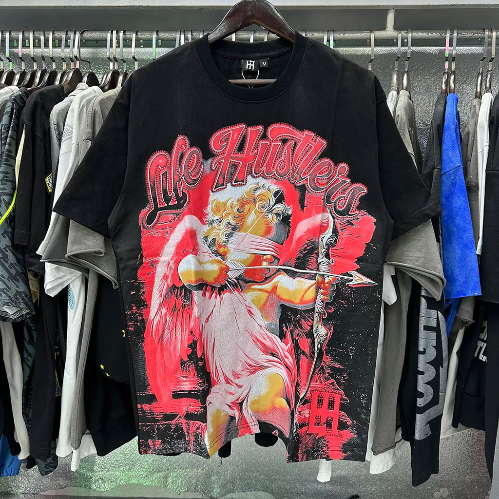Praying Angel Shinning Diamond Cotton Short Sleeve Tshirts for Men and Women Crew Neck Loose Summer T-shirt Oversized Tees Quick Pick Grocers