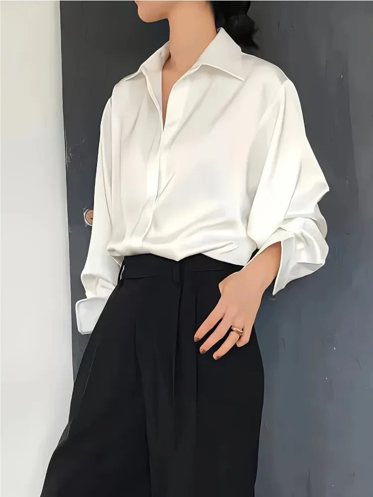 Plus Size Casual Women Silk Shirt 2025 New Fashion Loose Long Sleeve Button-Down Blouse Female Elegant Top Office Acetate Shirts Quick Pick Grocers