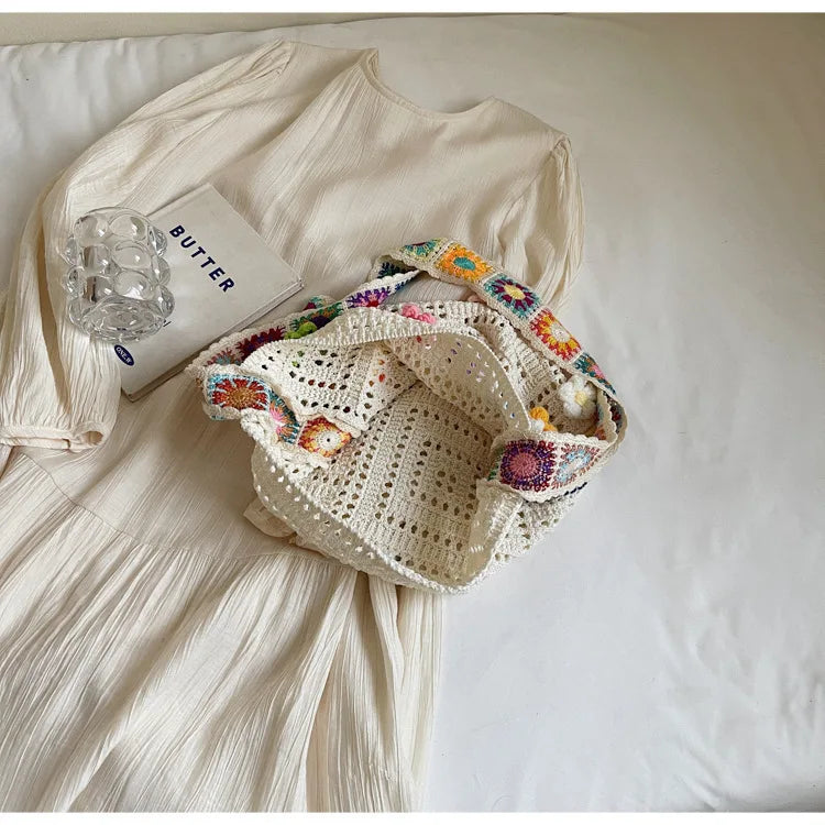 Women's Boho Crochet Bag Designer Flowers Knitted Handbags Large Capacity Summer Beach Woven Shoulder Bag Girls Tote Shopper Bag Quick Pick Grocers