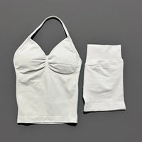 HISTELLO 2 Pieces Sports Set Women Yoga Longline Strap Top Scrunch Seamless Shorts Sport Gym Set Sportswear Workout Fitness Set Quick Pick Grocers