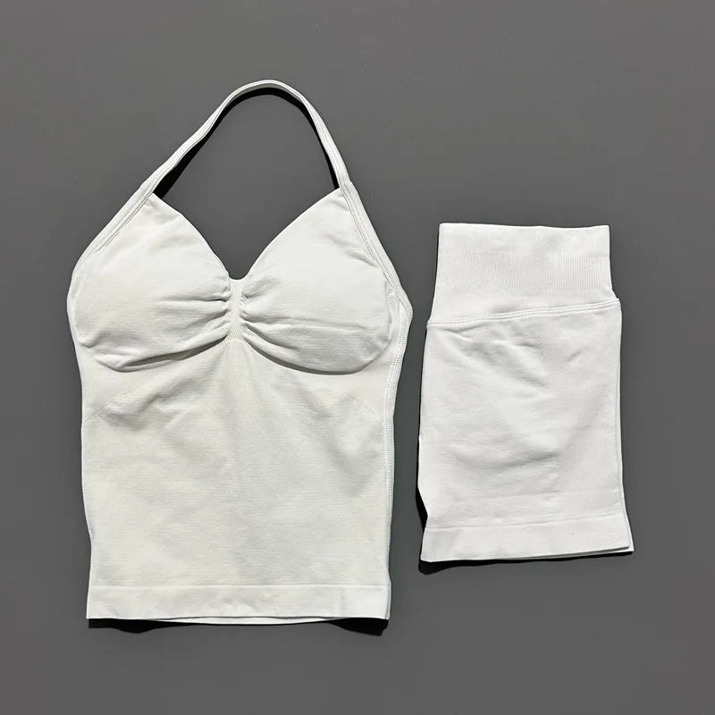 HISTELLO 2 Pieces Sports Set Women Yoga Longline Strap Top Scrunch Seamless Shorts Sport Gym Set Sportswear Workout Fitness Set Quick Pick Grocers
