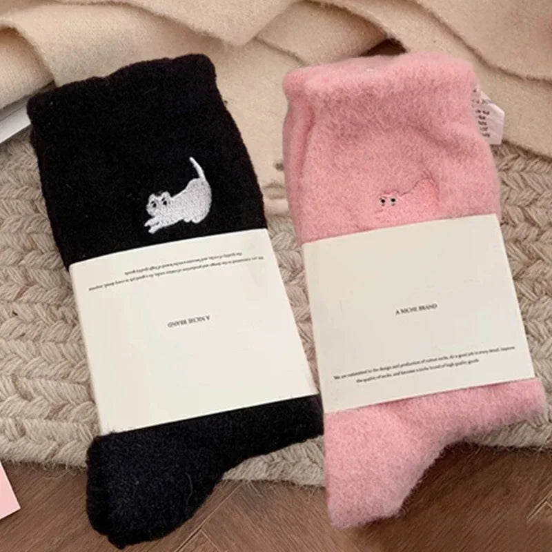 3Pairs Premium Feel Cute Cat Cozy Hairy Mink Velvet Socks Autumn Winter Hosiery Thickened Plush Warm Sleep Home Fluffy Socks Purest Peak