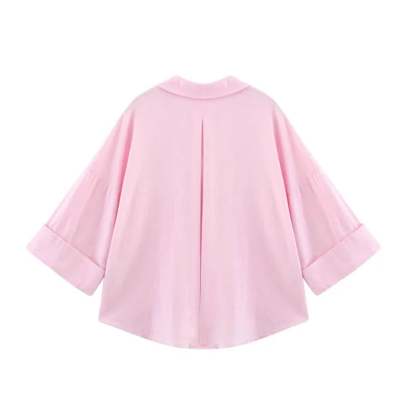 HipSeam Wide Sleeved Shirt Women Spring Asymmetric Hem Button Women's Shirts Simple Lady Johnny Collar Shirts & Blouses Quick Pick Grocers