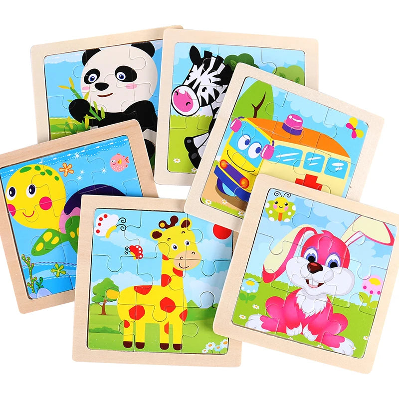 11cm/4.33in Kids Wooden Jigsaw Puzzle Games Cartoon Animal Vehicle Pattern Children Montessori Educational Toys Econic Blanks