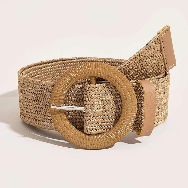 1pc Women Round Buckle Boho Straw Belt For Beach Ellipse Buckle Bead Decor Bohemian Woven Belt For Holiday Quick Pick Grocers